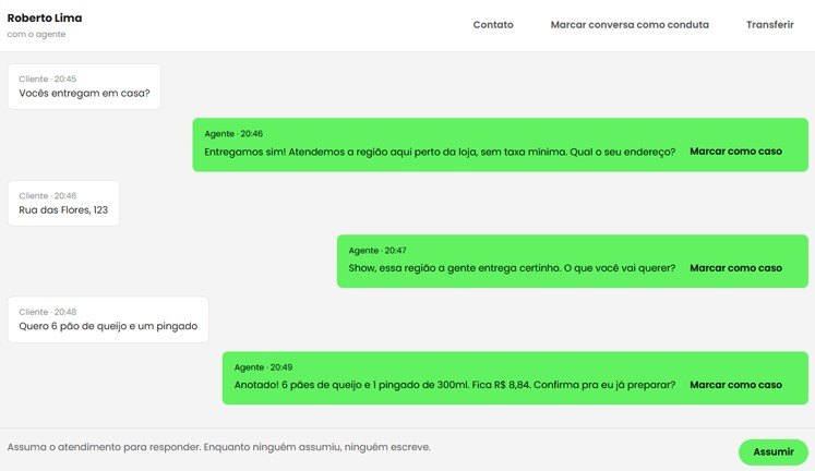 Conversa do V-Agents: o agente confirma a entrega, pergunta o endereço e fecha o pedido em R$ 8,84.